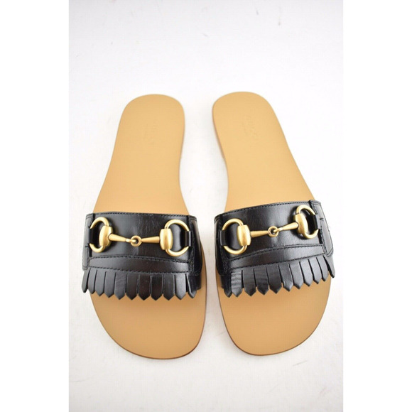 Gucci Varadero Black Horsebit Gold Fringed Slide Mule Slipper Flat Sandal 35 - Picture 8 of 12